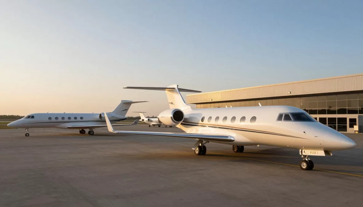 Luxury private jets at exclusive airport during golden hour