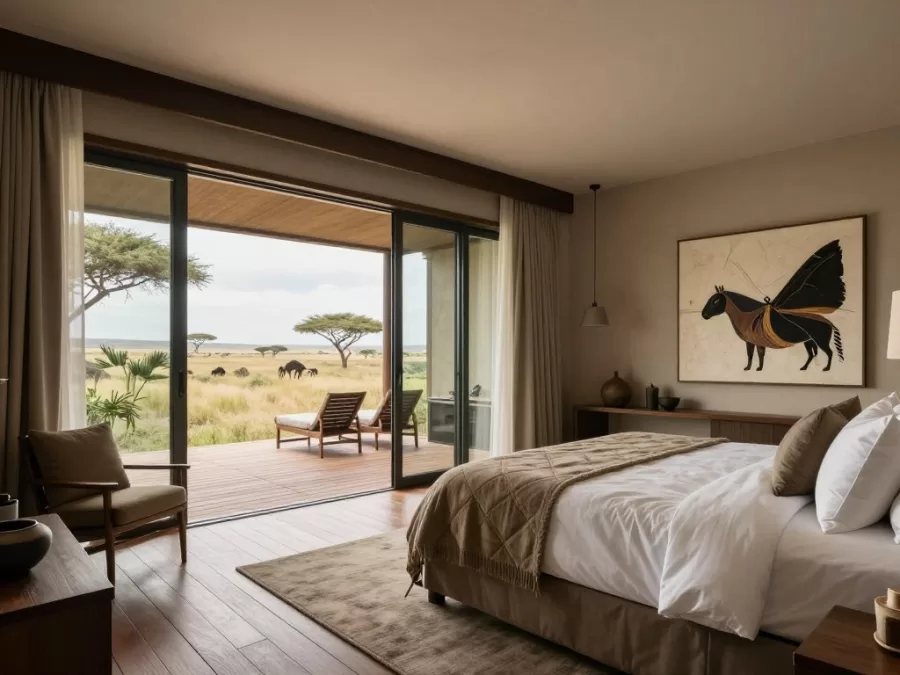Luxury safari suite interior at Singita with modern African design and wildlife views