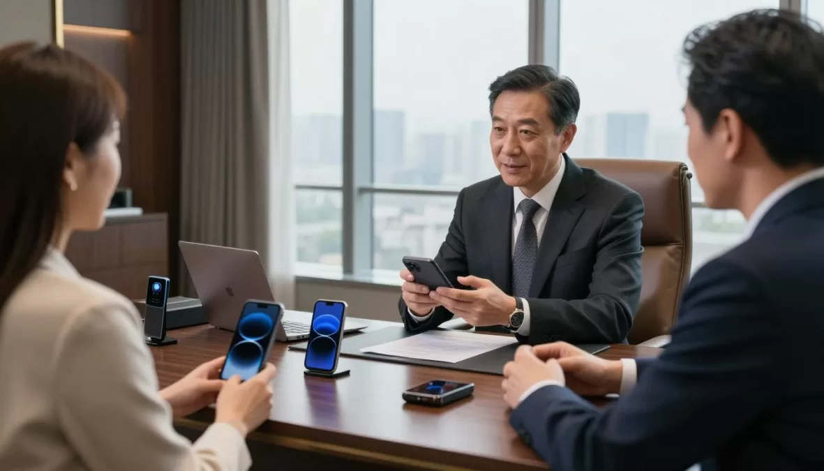 Luxury technology consultation taking place in elegant private office setting
