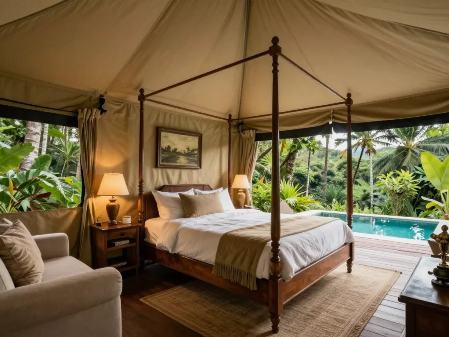Luxury tent interior at Capella Ubud with colonial safari styling and jungle views