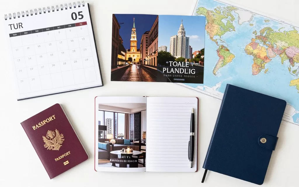 Luxury travel planning with calendar, passport, and hotel brochures