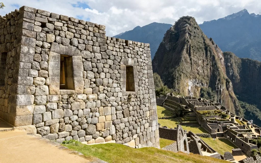 Machu Picchu Temple of the Sun with mountain view