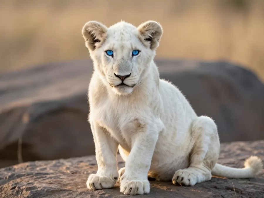 Majestic white lion cub with pale coat and striking blue eyes