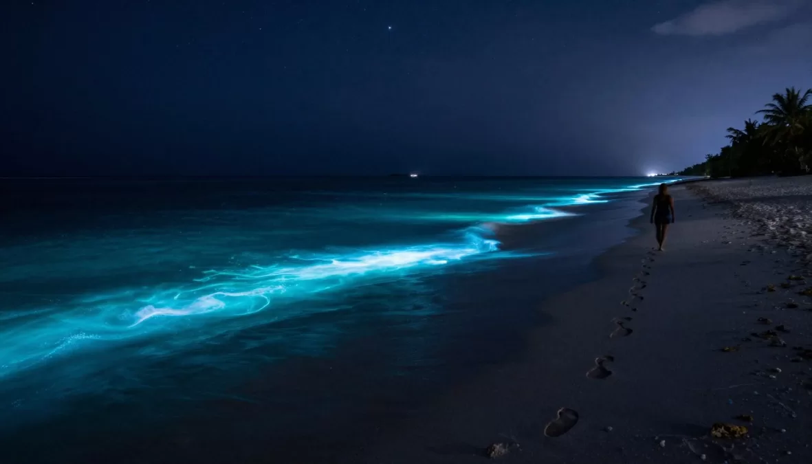 Maldives bioluminescent beach at night