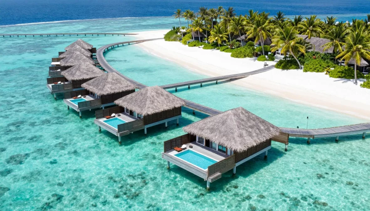 Maldives overwater bungalows and turquoise lagoon