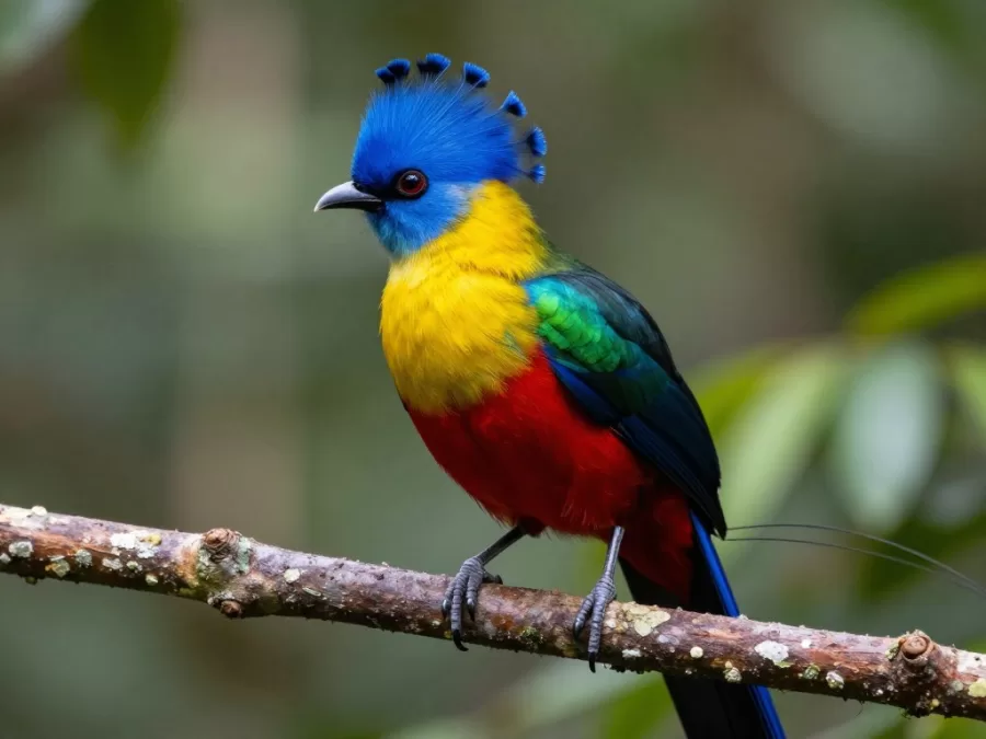 Male Wilson's bird-of-paradise showing electric blue crown and yellow neck