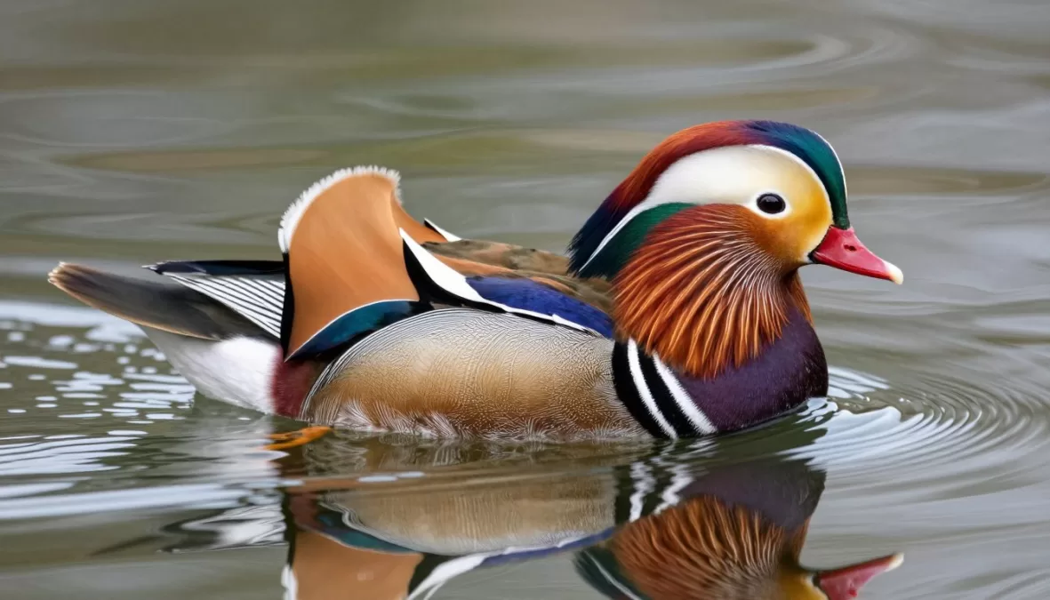 Male mandarin duck swimming showing elaborate multicolored plumage and distinctive sail feathers