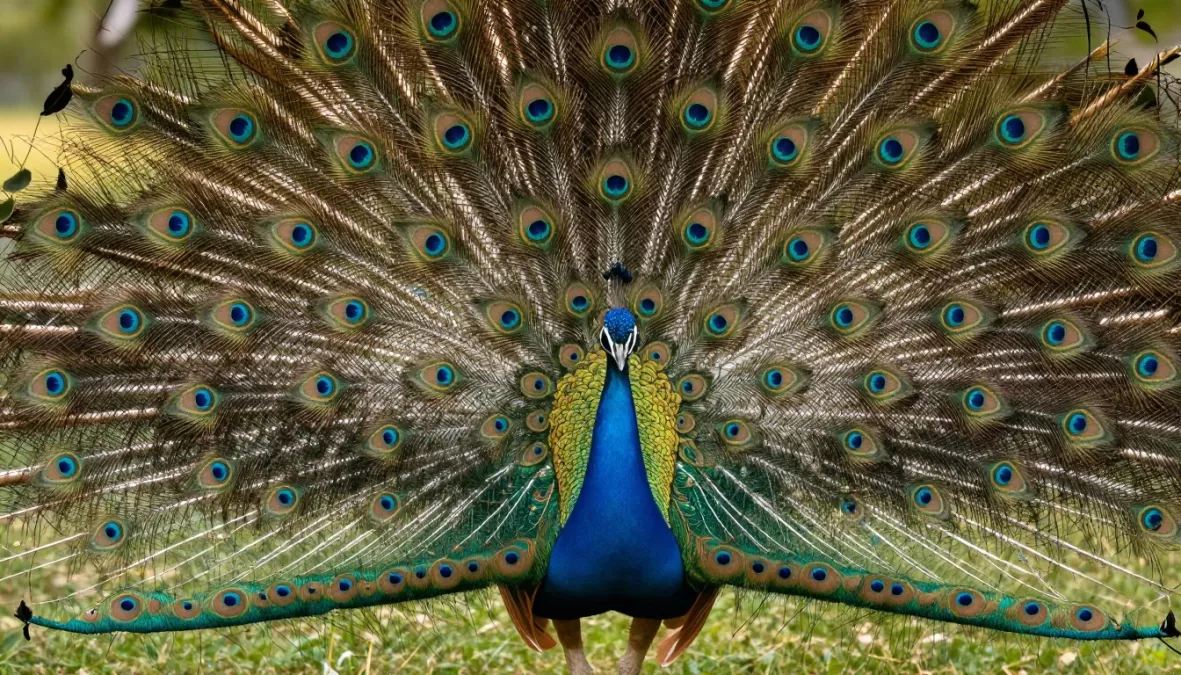 Male peacock displaying full train of iridescent tail feathers in courtship ritual