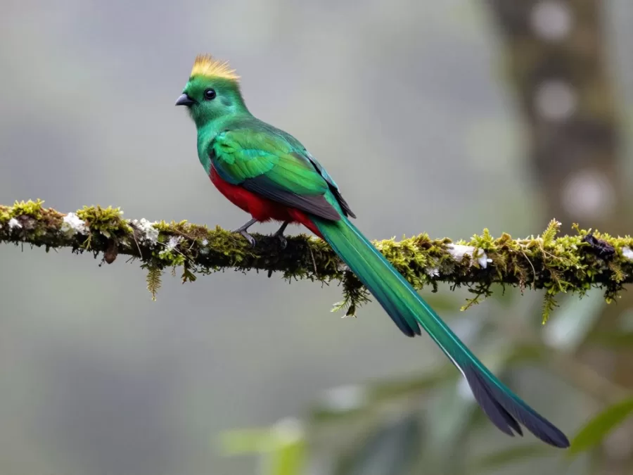 Male resplendent quetzal with long emerald tail feathers perched in cloud forest