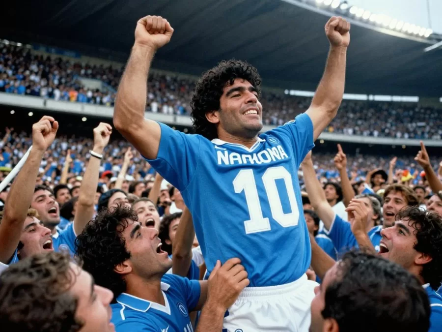Maradona in Napoli jersey celebrating with fans