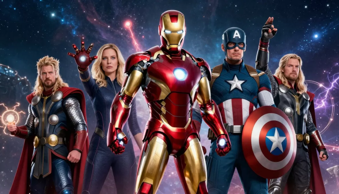 Marvel Cinematic Universe heroes assembled in epic battle formation
