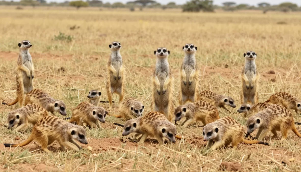 Meerkat mob foraging together in desert grassland