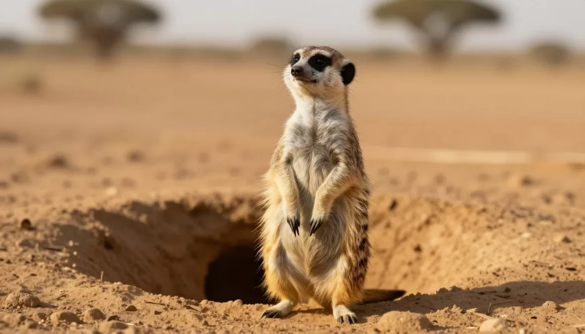 Meerkat standing upright on guard duty in desert landscape