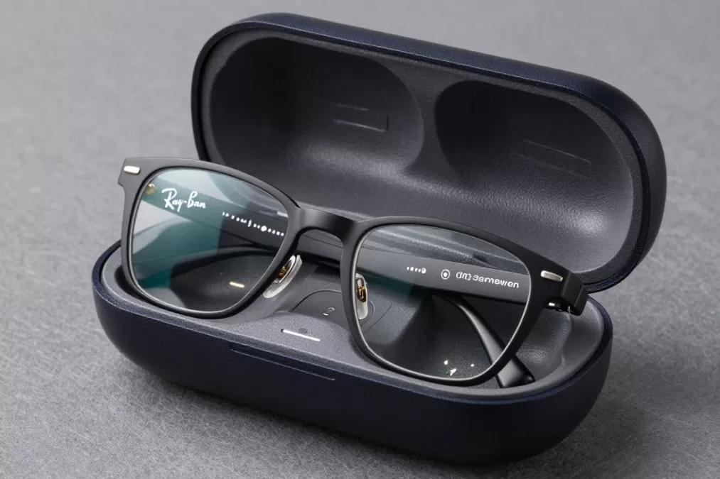 Meta Ray-Ban Smart Glasses showing temple controls and charging case