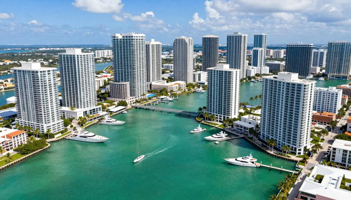 Miami expensive waterfront properties and downtown skyline