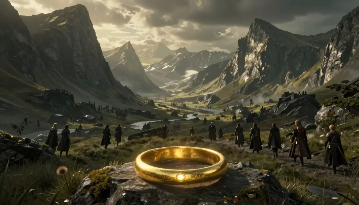 Middle-earth landscape with mountains, Fellowship, and ring