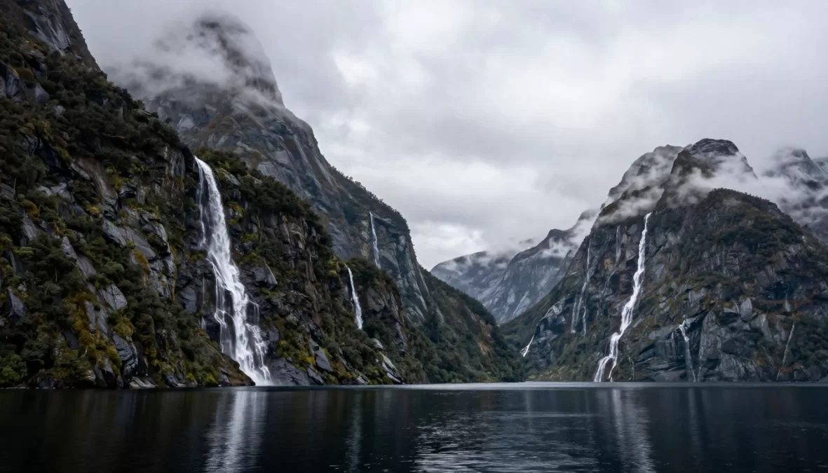 Milford Sound fiord with mountains and waterfalls