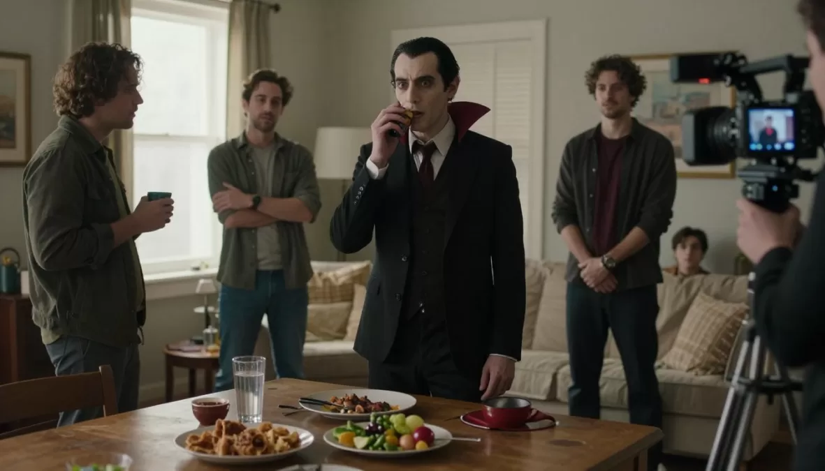 Mockumentary style scene with vampire characters in domestic setting