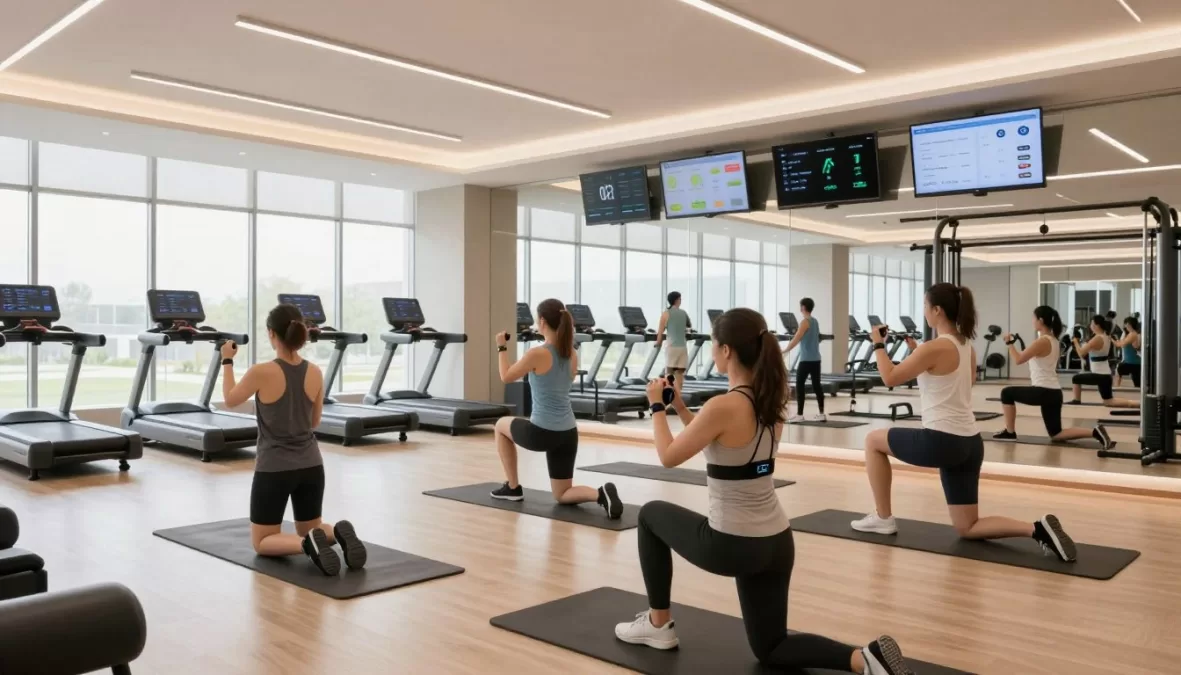 Modern gym showcasing 2026 fitness trends with wearable technology and group training