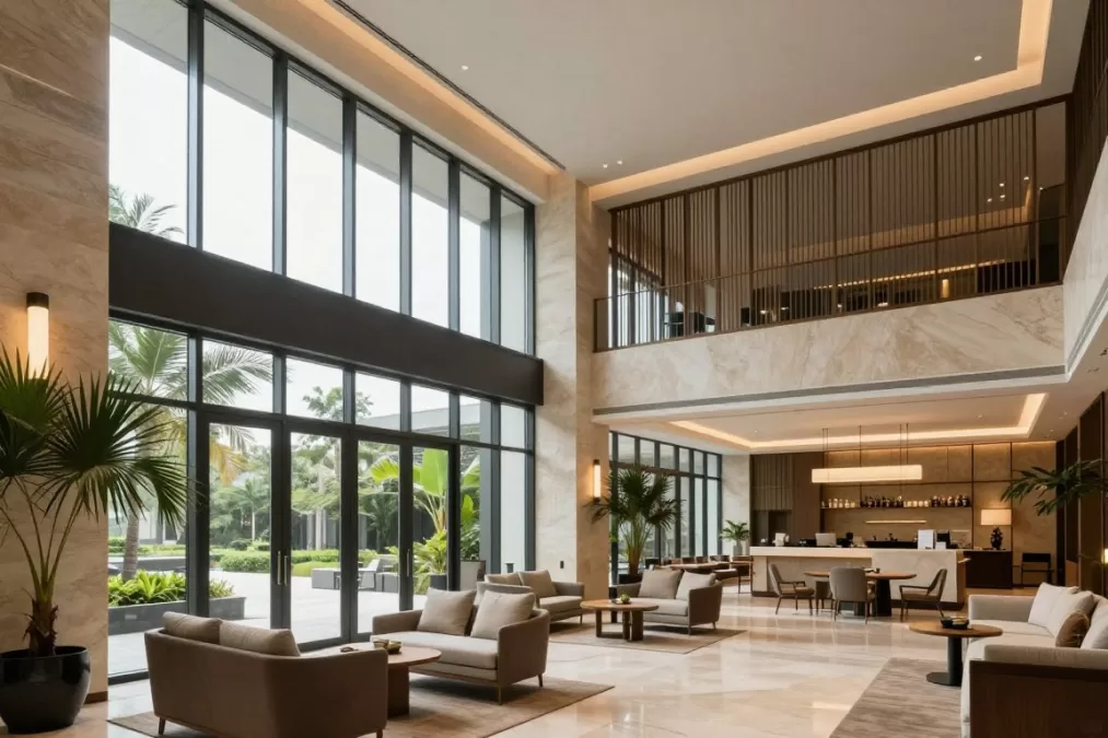 Modern luxury hotel lobby with contemporary design, natural light, and premium finishes