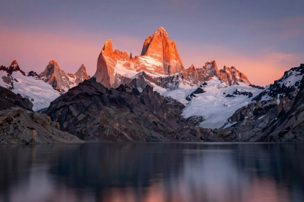 Mount Fitz Roy peak at sunrise in Patagonia