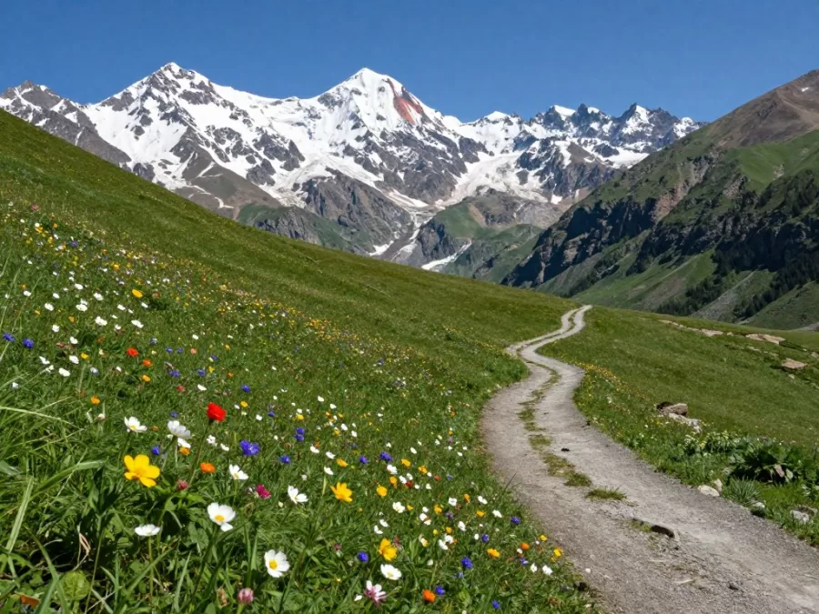 Mountain hiking trail in Svaneti with wildflowers