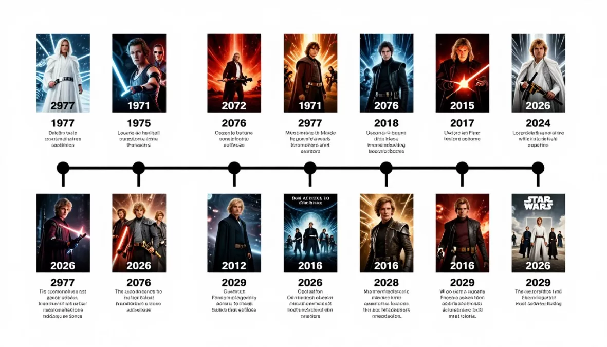Movie franchise timeline showing evolution from 1977 to 2026