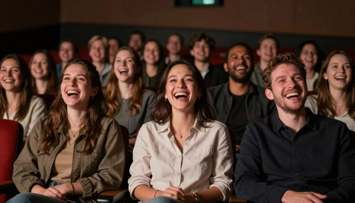 Movie theater audience laughing together sharing joy