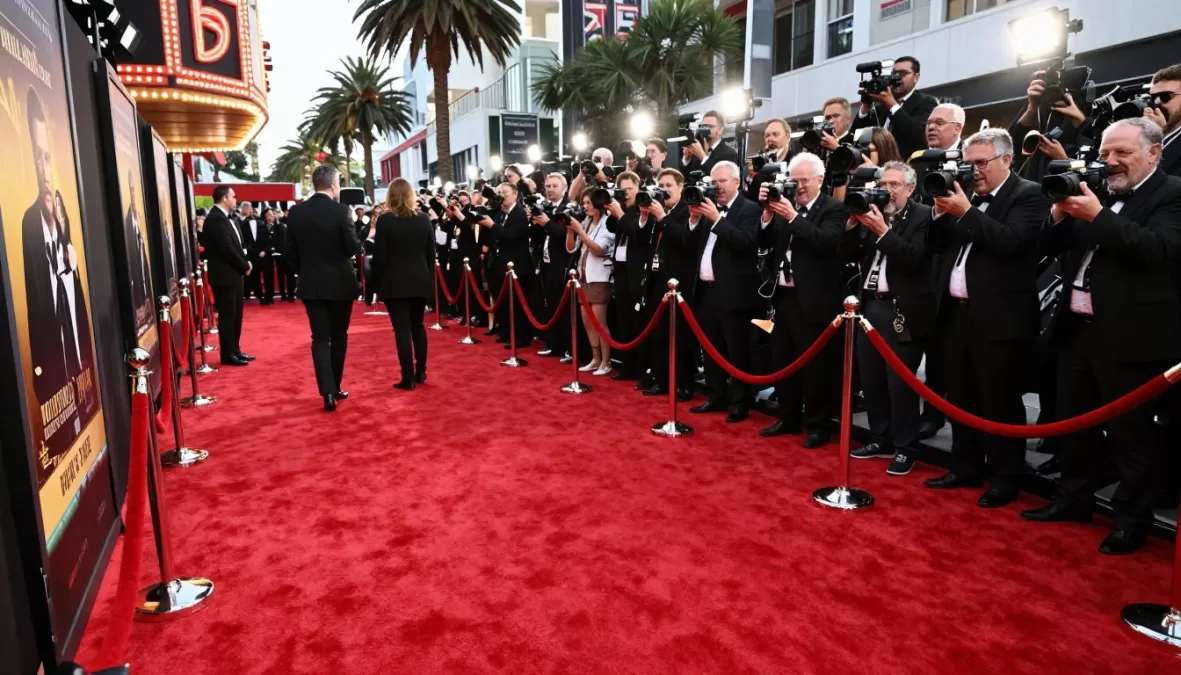 Movie theater premiere with red carpet and crowds