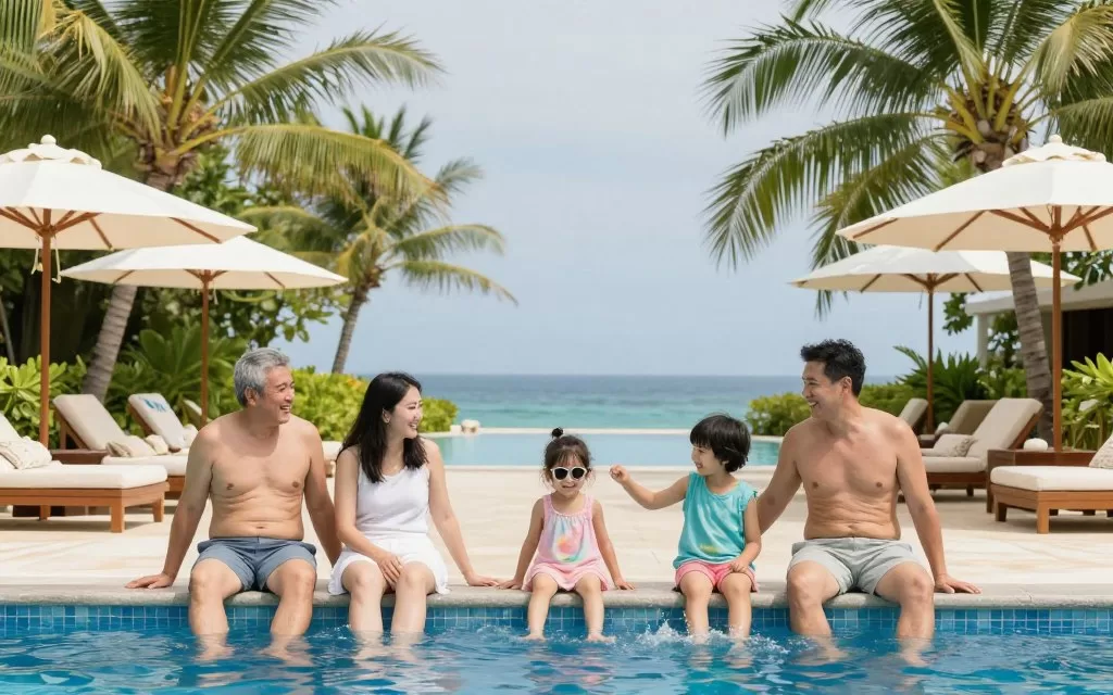 Multi-generational family enjoying luxury resort pool and activities together