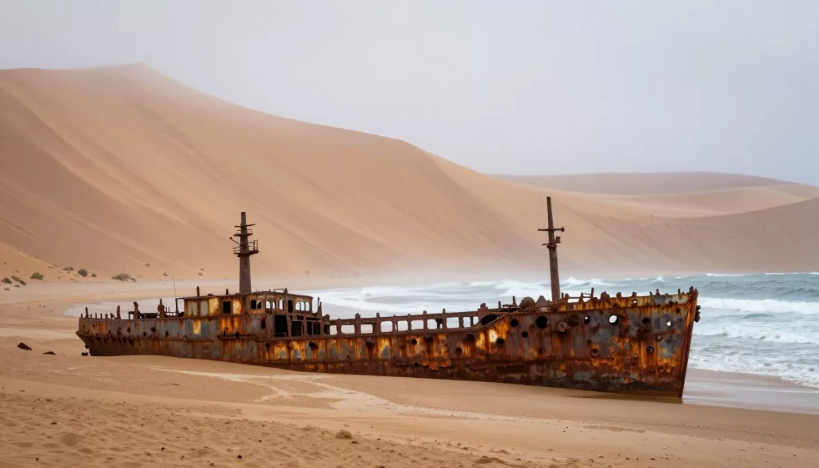 Namibia Skeleton Coast with shipwreck and sand dunes