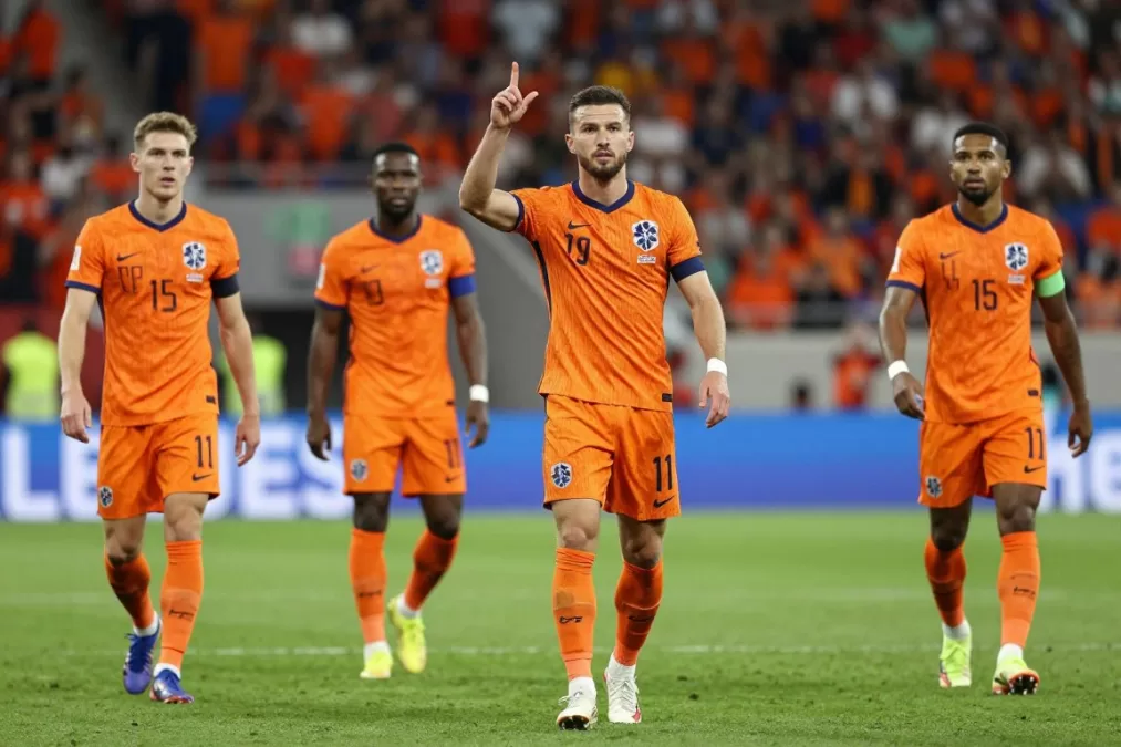 Netherlands national football team in action during international match