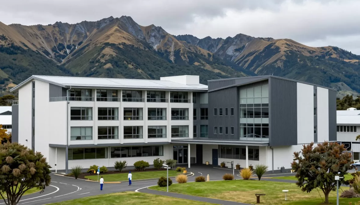 New Zealand hospital with mountain landscape background