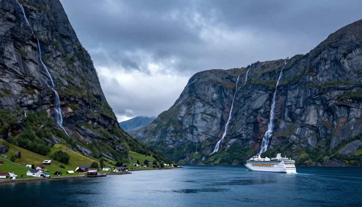 Norway fjords with mountains and waterfalls showing natural beauty destination