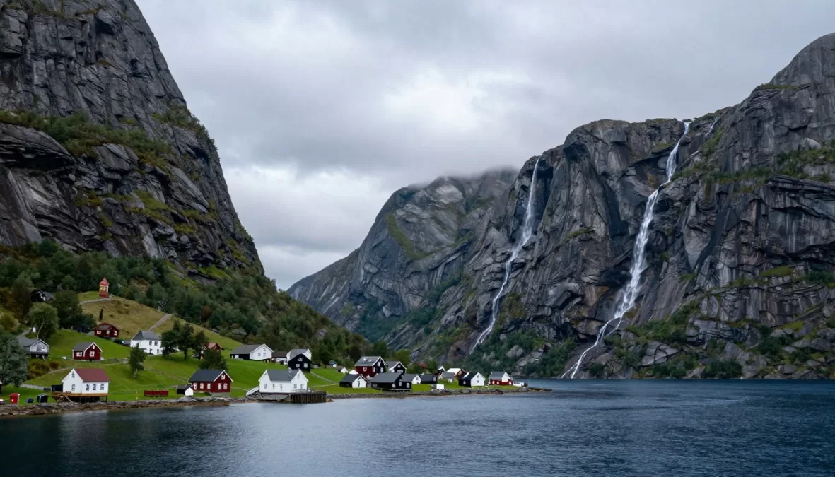 Norwegian fjord with steep mountains and village