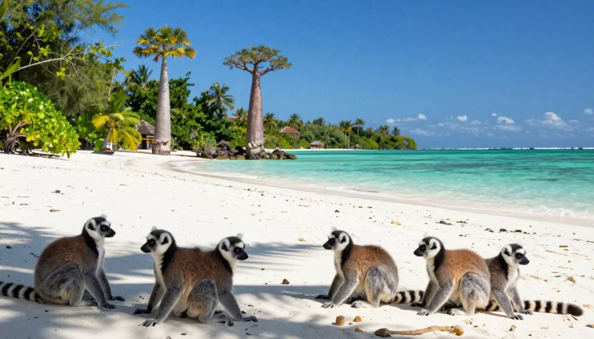 Nosy Be Madagascar beach with lemurs and baobab trees