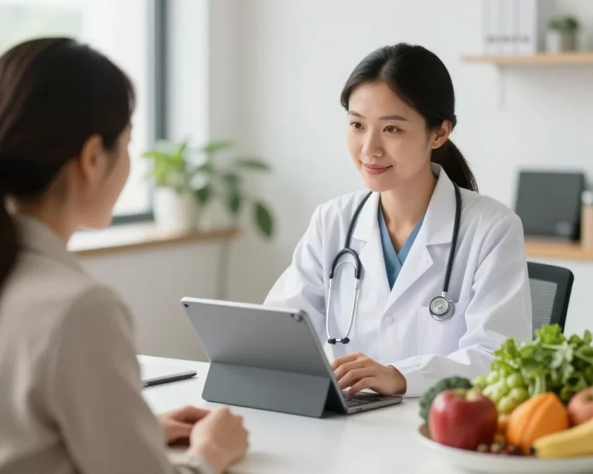 Nutritionist consulting with client about superfoods using a tablet showing nutrition information