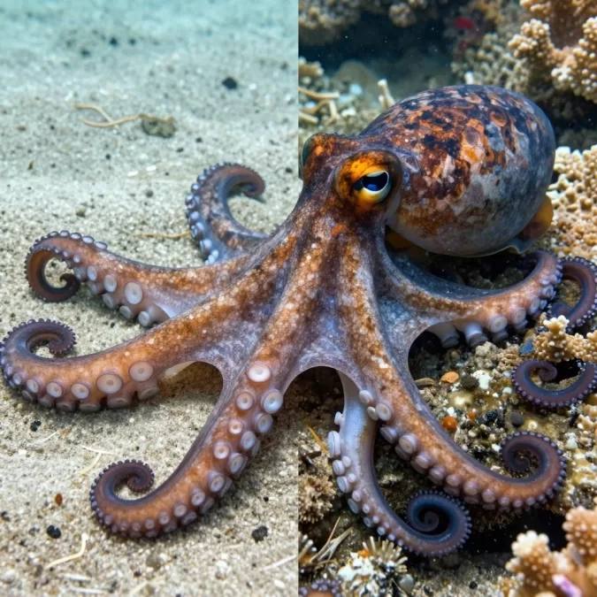 Octopus demonstrating rapid color change and pattern matching ability