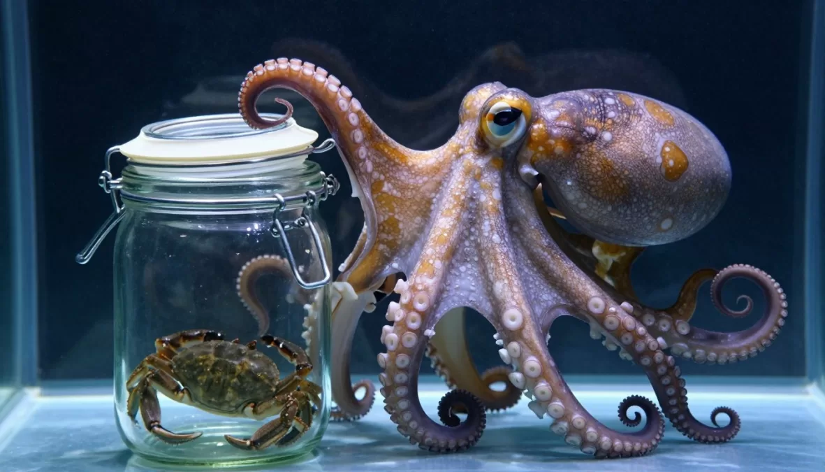 Octopus opening a jar to retrieve food demonstrating problem-solving ability