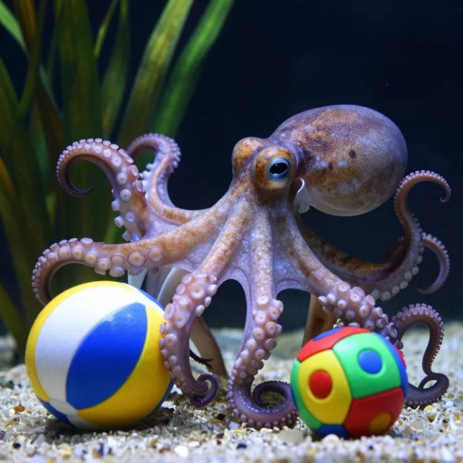 Octopus playing with objects showing curiosity and exploration