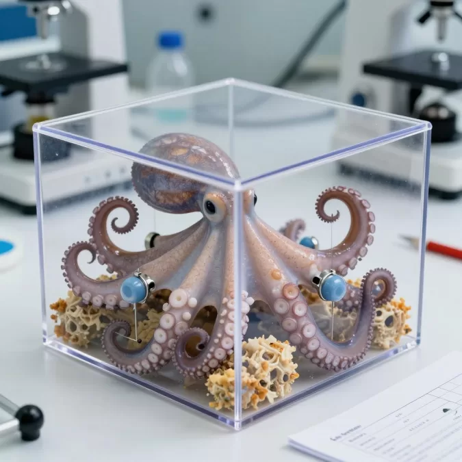 Octopus solving puzzle box in research facility