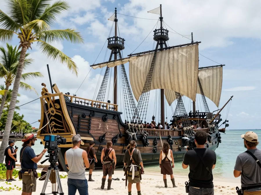 On-location filming in tropical setting with massive pirate ship set
