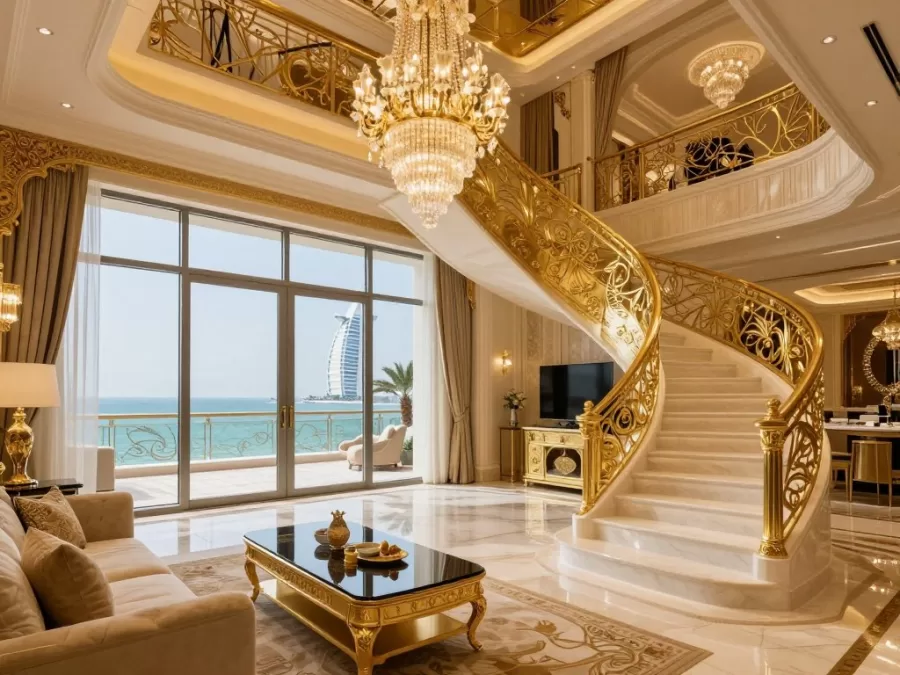 Opulent duplex suite interior at Burj Al Arab with gold accents