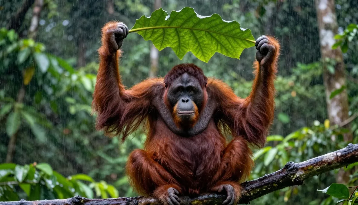 Orangutan using leaves as umbrella during rain in rainforest canopy