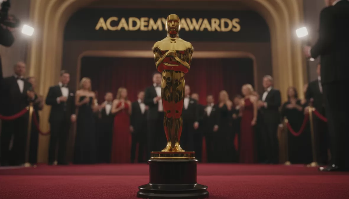 Oscar statuette with red carpet and awards ceremony atmosphere