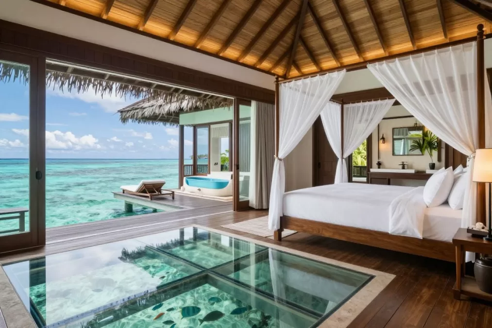 Overwater bungalow interior at Four Seasons Bora Bora with glass floor panels