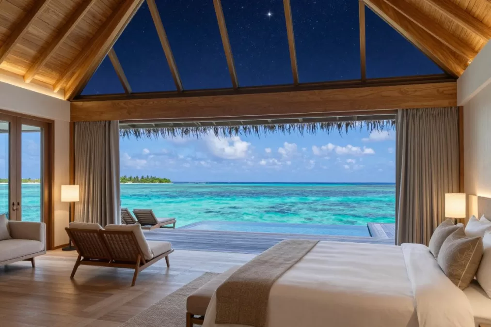 Overwater villa interior at Soneva Jani with retractable roof and lagoon views