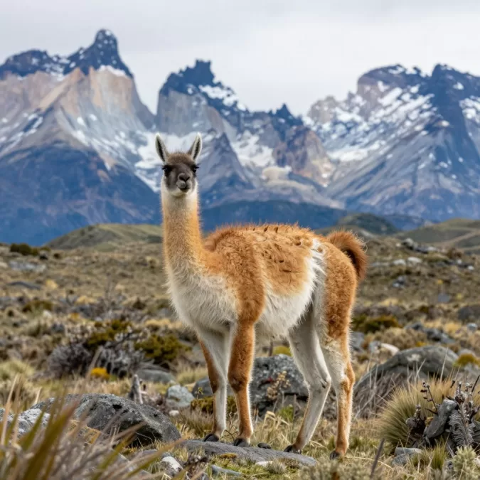Patagonian wildlife guanaco on mountainside