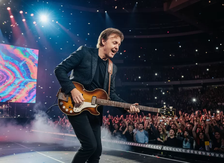 Paul McCartney performing live in concert with bass guitar