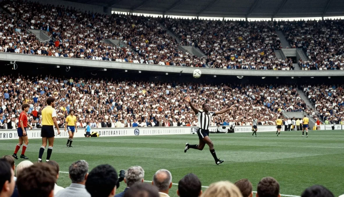 Pelé playing exhibition match in packed stadium